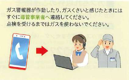 ガス警報器が作動したり、ガスくさいと 感じたときにはすぐに導管事業者へ連絡してください。点検を受けるまではガスを使わないでください。